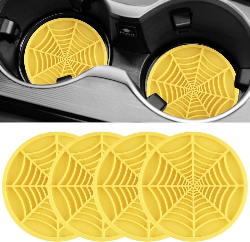 alpmosn 4PCS Spider Web Car Cup Holders, Halloween Non-Slip Silicone Insert Coasters, Automotive Cupholder Goth Accessories for Men & Women (Yellow) - Image 1